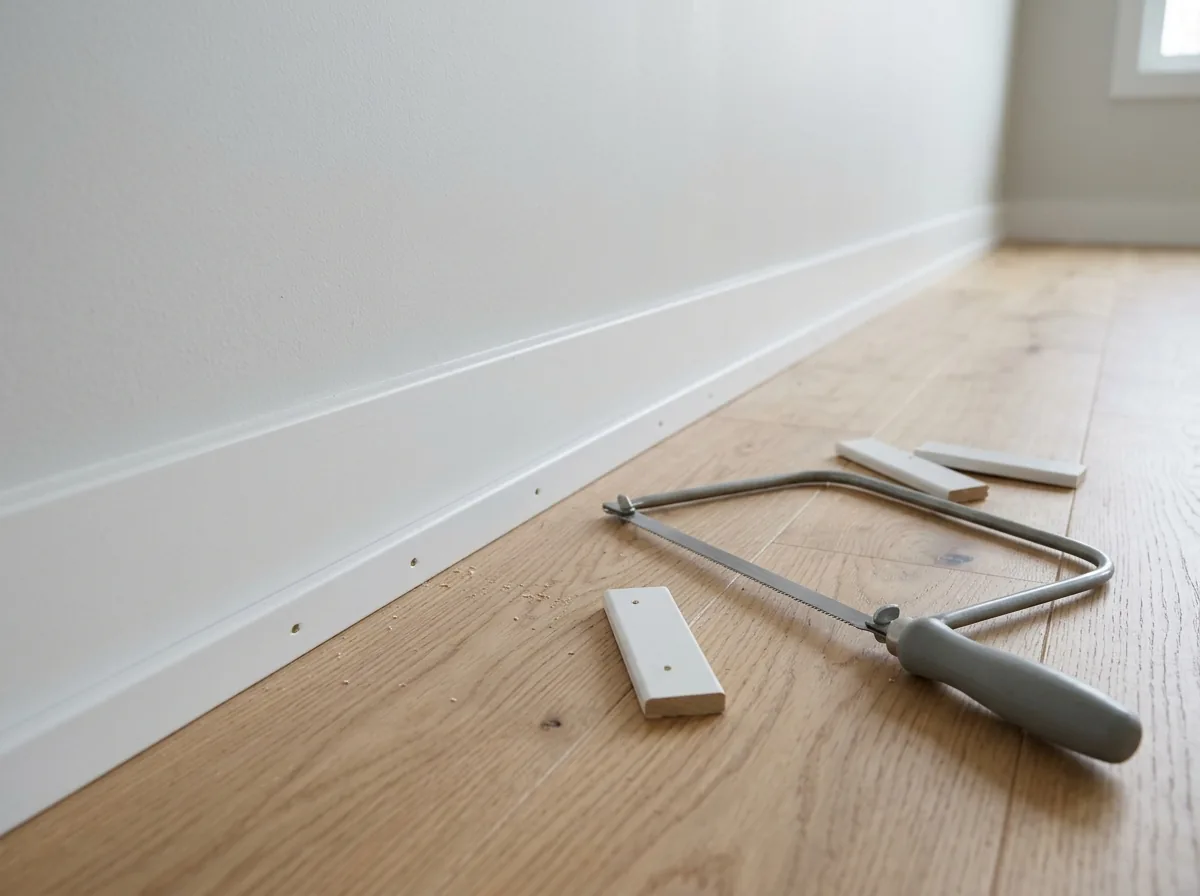 Thin shoe molding nailed to the bottom of a baseboard over the edge of an oak floor