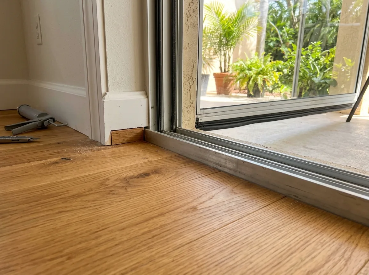 Sliding glass door sill with new oak flooring tucked under a trimmed casing and a low threshold strip