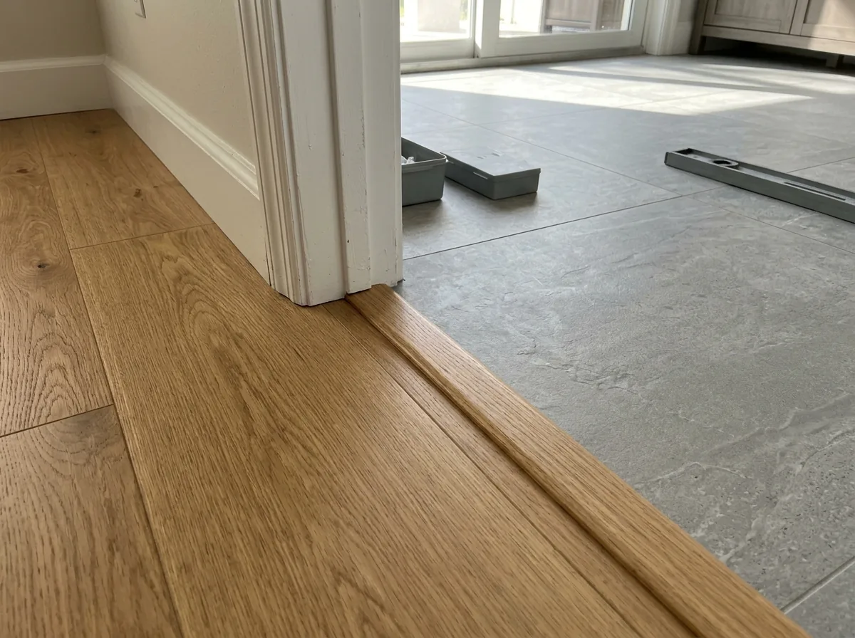 Oak floor meeting gray porcelain tile in a doorway with a low wooden reducer strip
