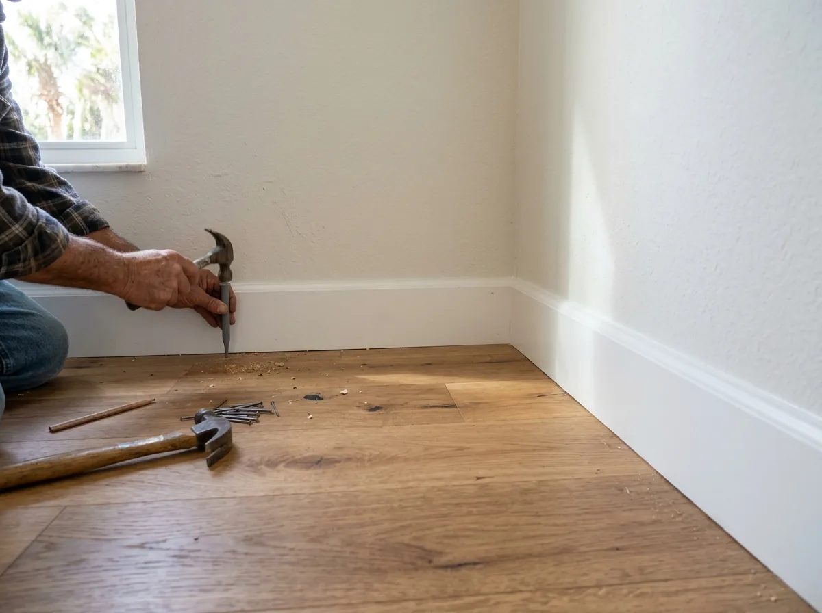 White painted baseboard meeting a new oak plank floor along a living room wall