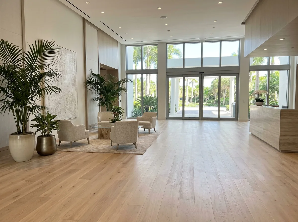 Condo building lobby with a straight-laid oak floor, a seating area and glass entry doors