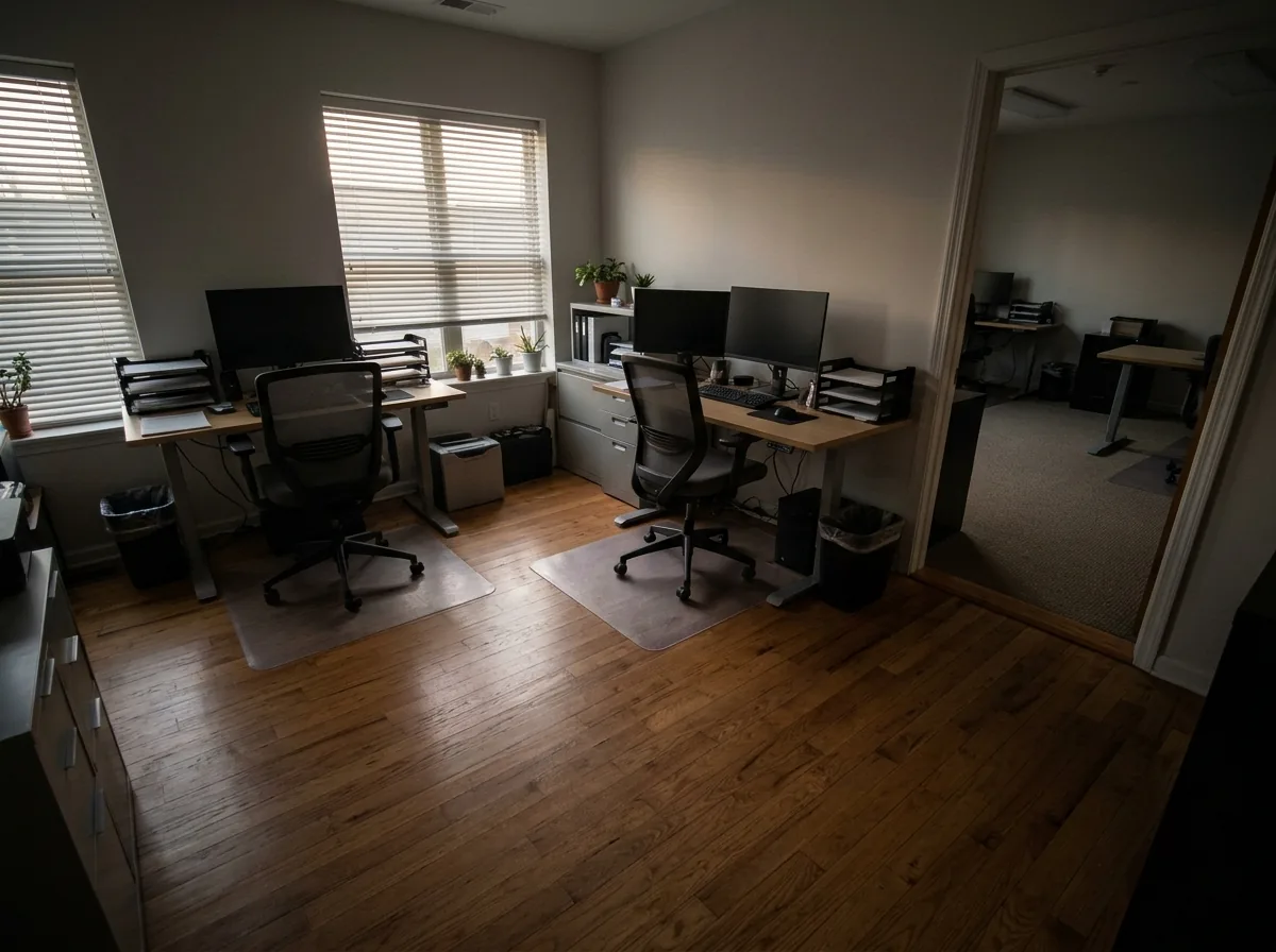 Quiet office suite with an oak floor, desks and a doorway into a carpeted room