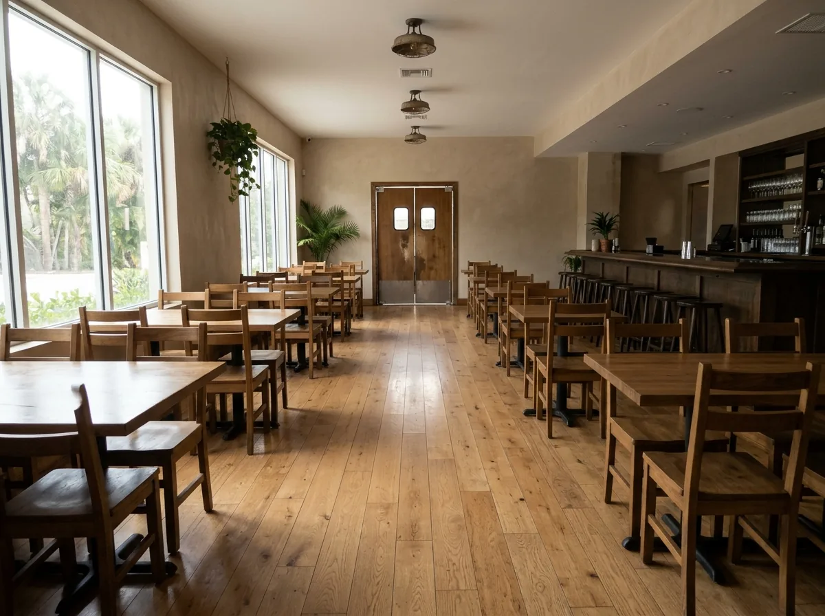 Restaurant dining room with a satin-finished oak floor between wooden tables, early morning before opening