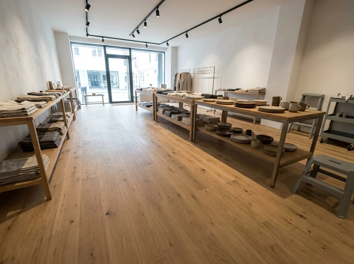 Retail showroom with a long run of wide oak planks under display tables and track lighting