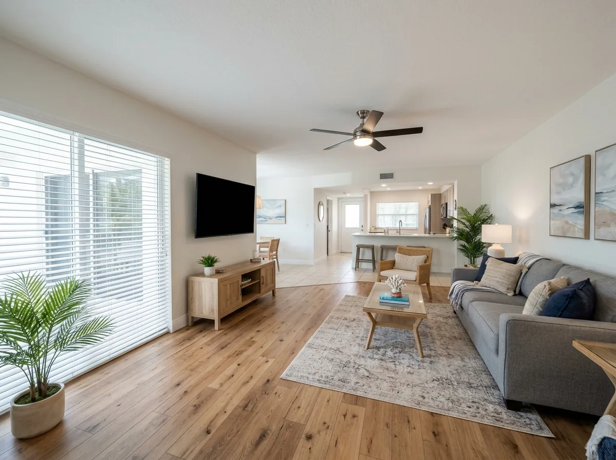 Furnished vacation rental living room with an engineered oak floor, closed blinds and a ceiling fan