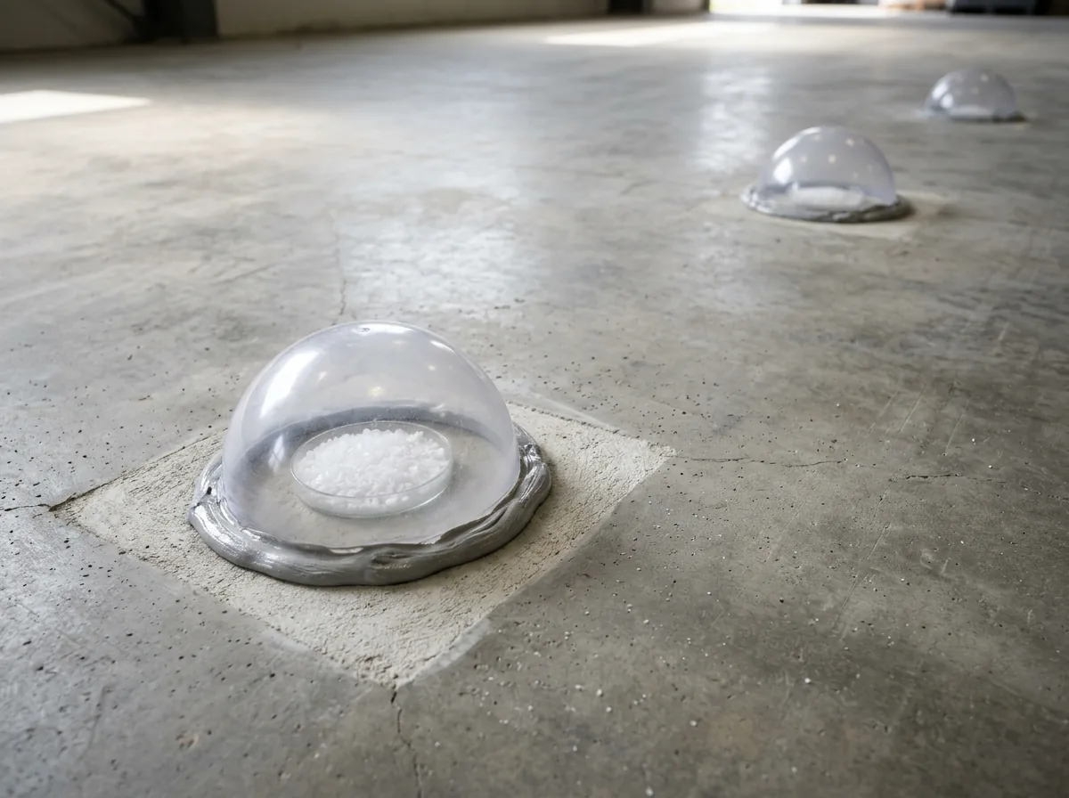 Clear plastic dome sealed over a small dish of white crystals on a ground patch of concrete
