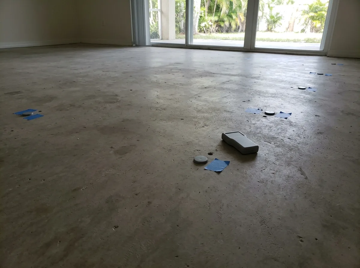 Small sensor caps set flush in drilled holes across a bare concrete slab, a gray handheld reader nearby
