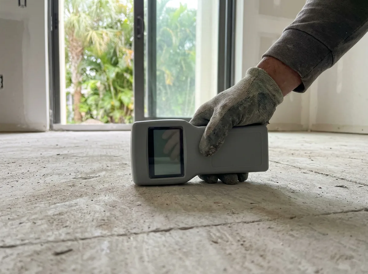 Gray handheld concrete moisture meter pressed flat on a bare slab beside a sliding glass door