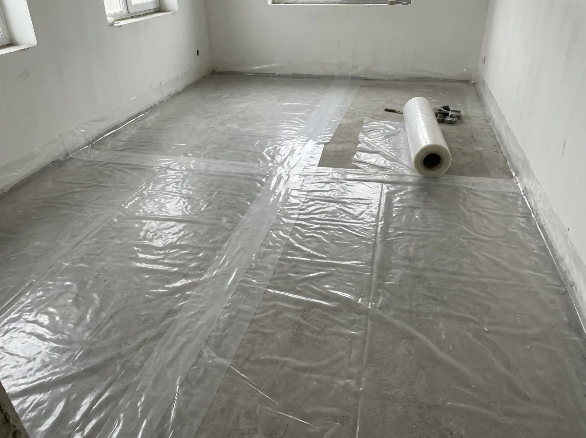 Clear 6 mil polyethylene sheet rolled out over a concrete slab with seams overlapped and taped