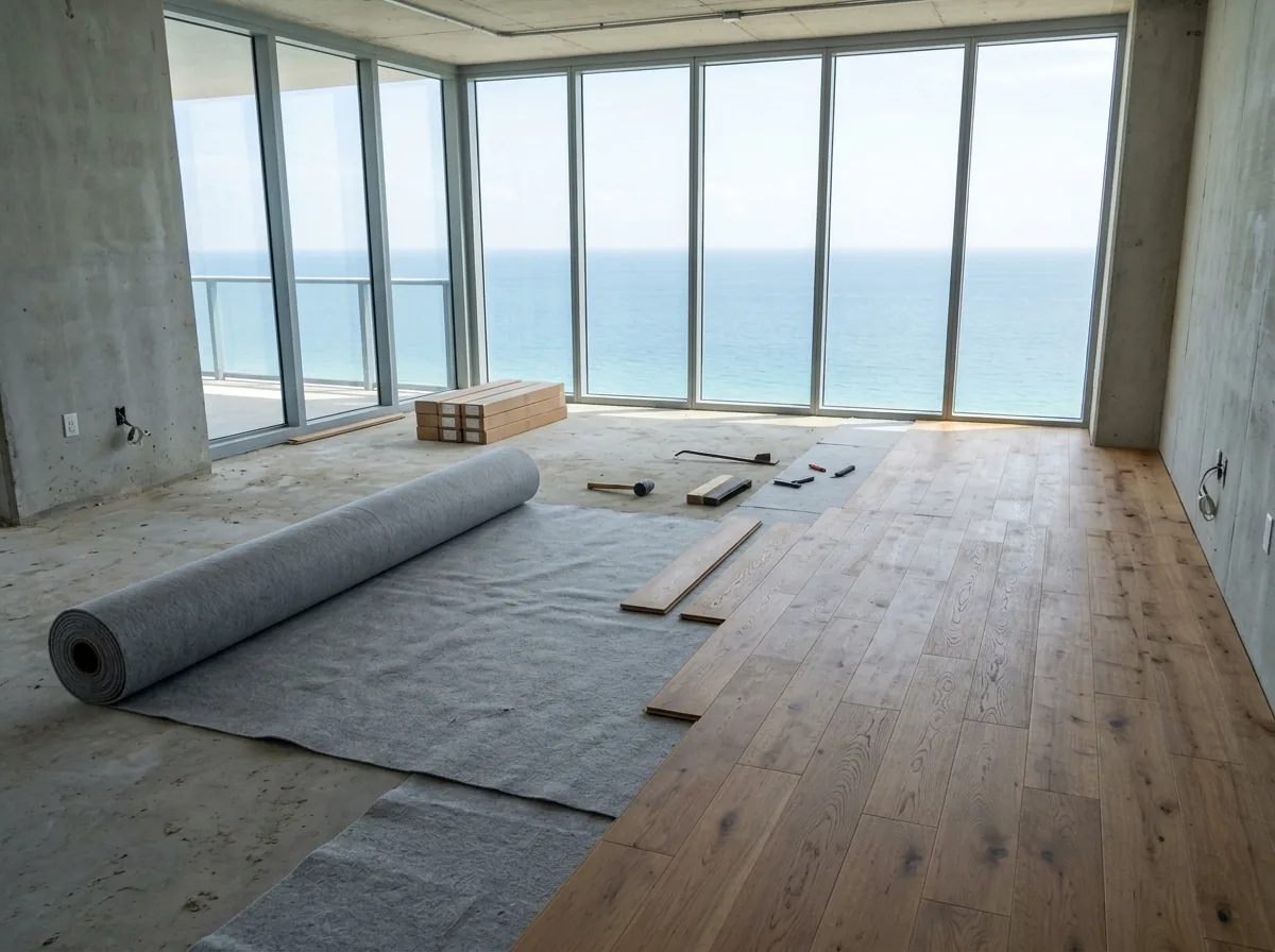 Gray sound underlayment on a condo slab with the first rows of oak flooring, ocean beyond the windows