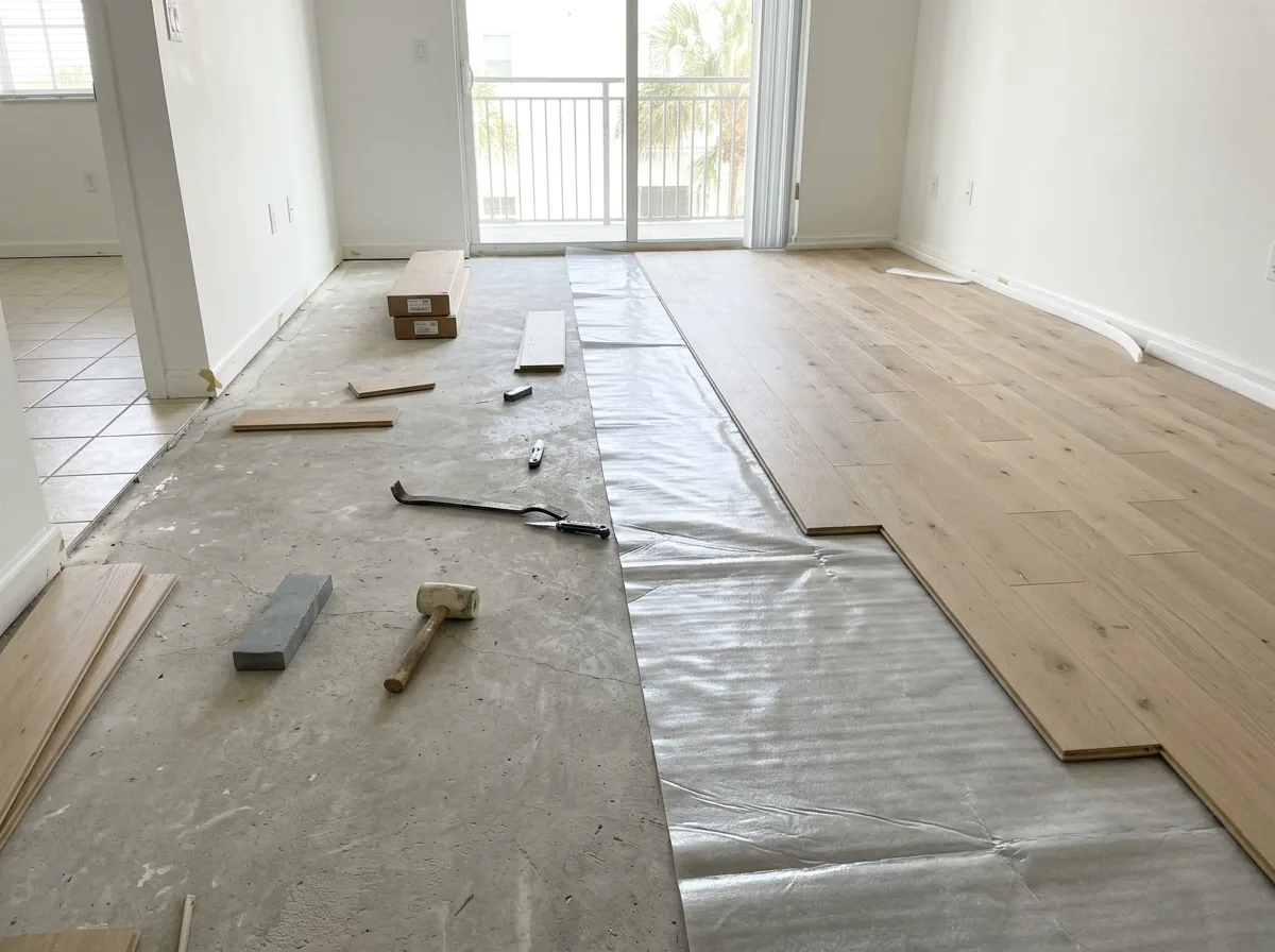 Click-together engineered planks laid over a gray foam-and-film underlayment in a bright condo living room