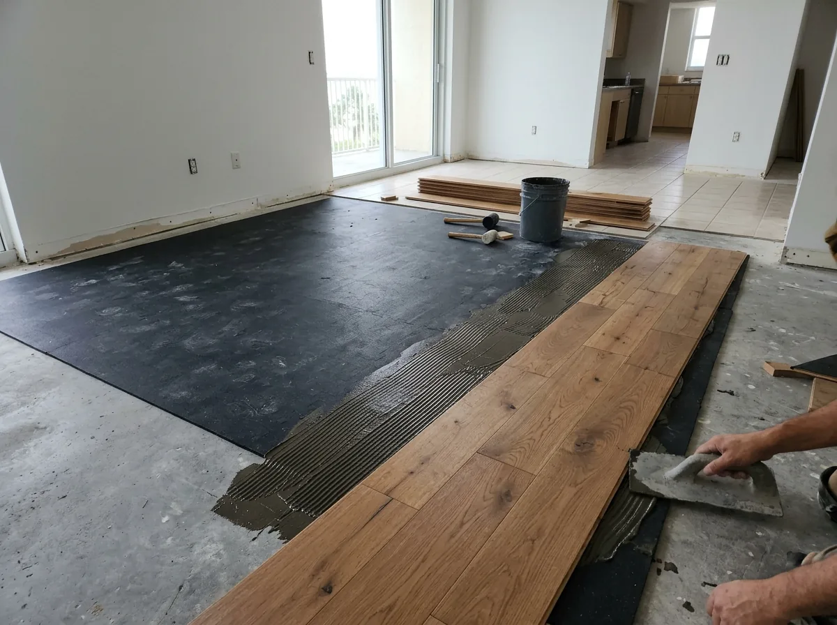 Engineered oak planks being glued onto a dark rubber sound mat bonded to a condo concrete slab