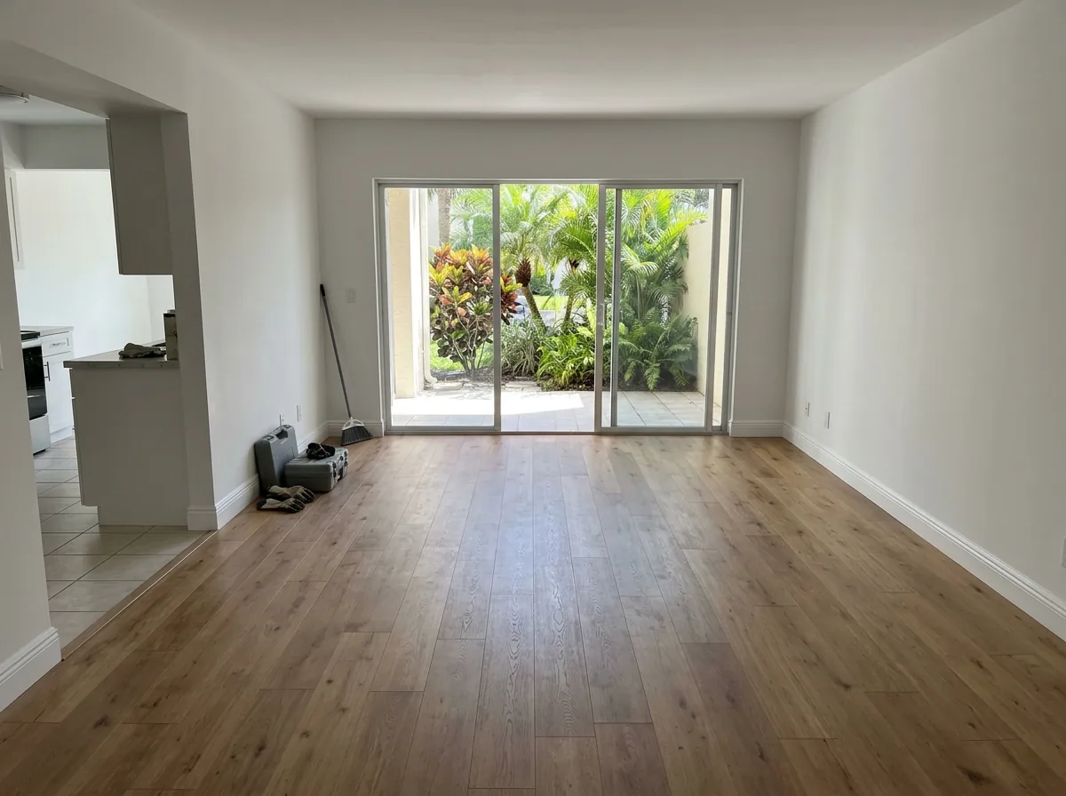 Ground-floor condo living room with a new engineered oak floor running to a sliding glass door and patio