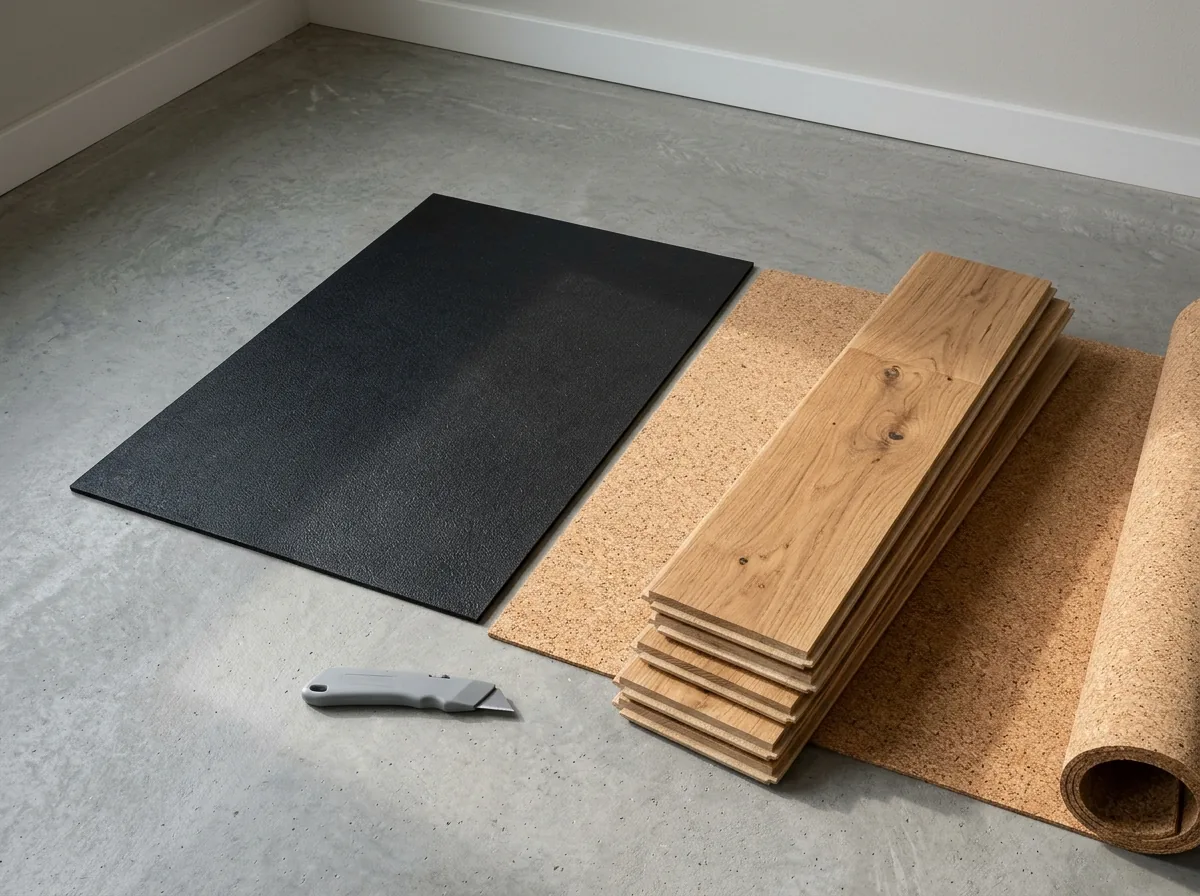 A black rubber sheet and a tan cork roll of sound underlayment on a bare concrete slab beside oak planks