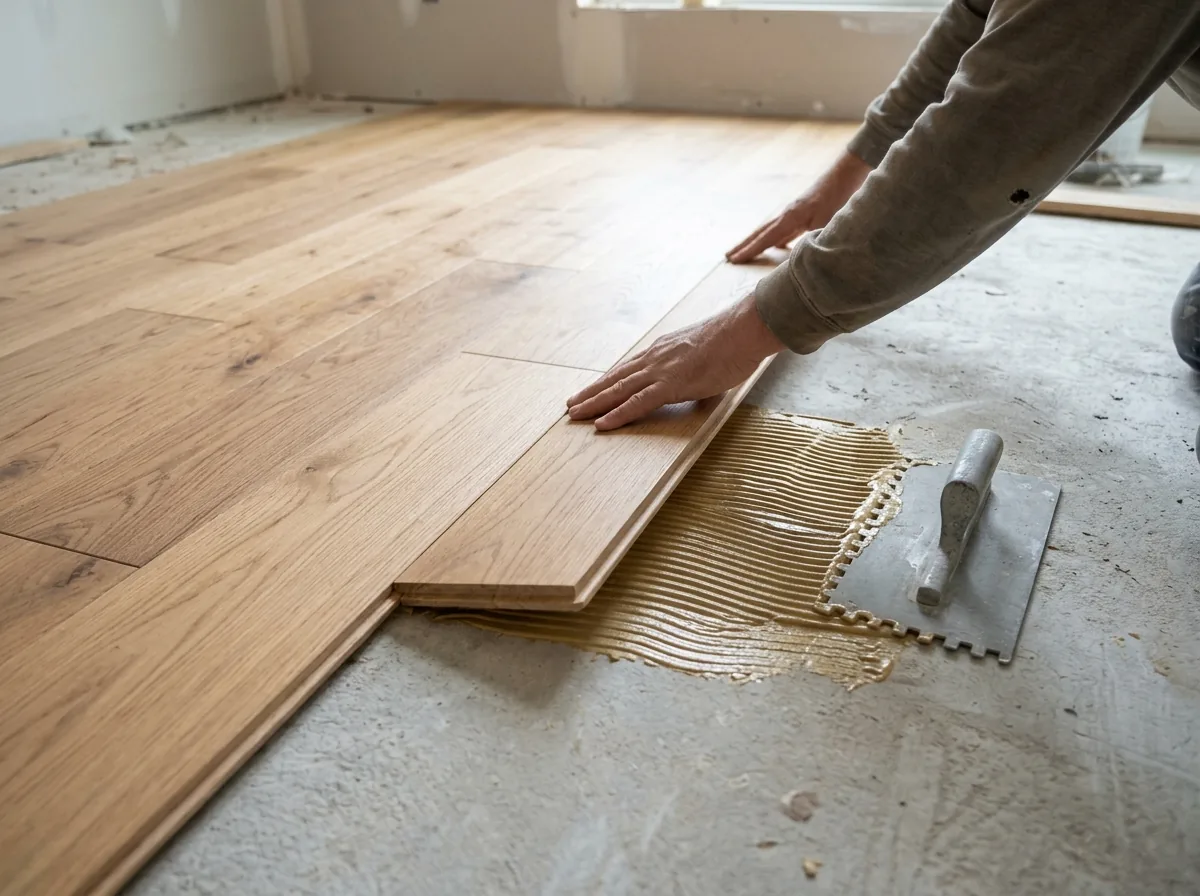 Engineered oak planks being pressed into trowelled adhesive on a concrete slab