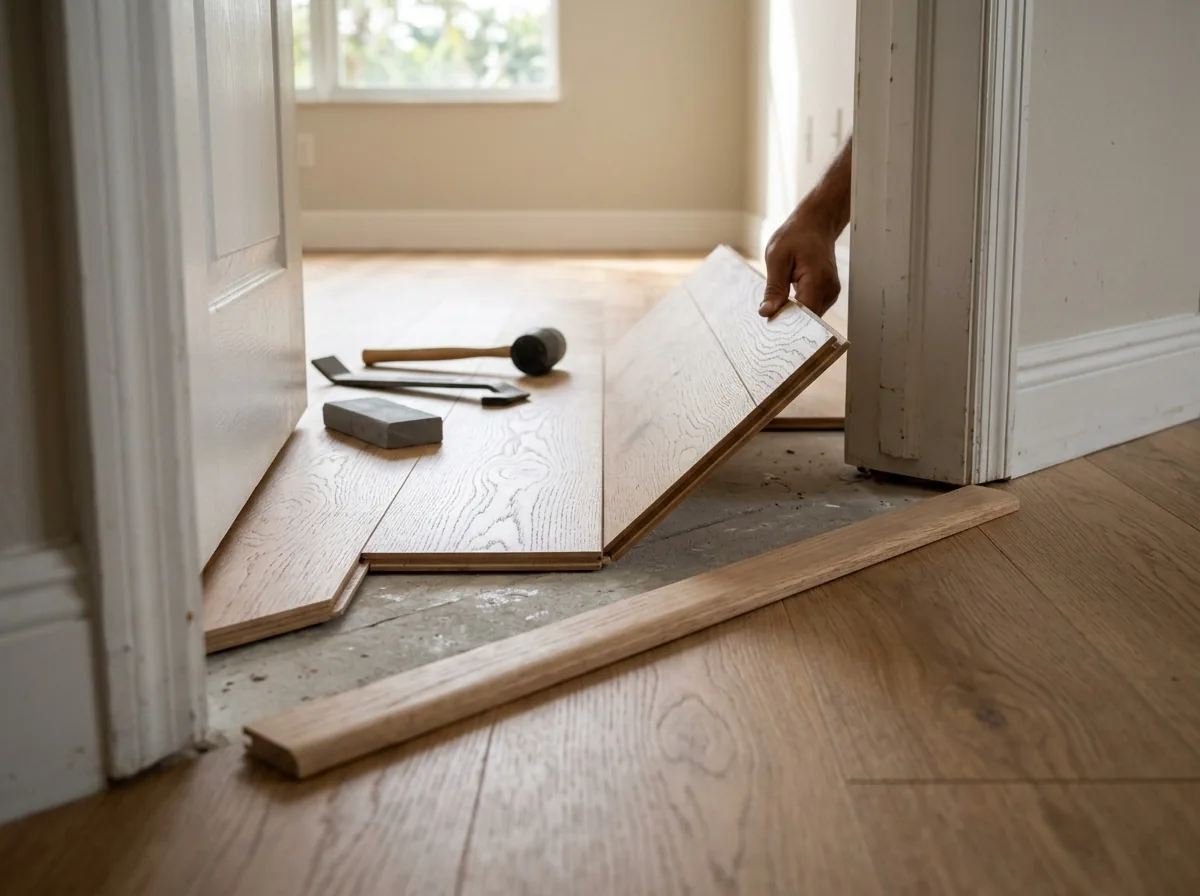 Engineered plank being angled into a click-lock joint beside a wood T-molding in a doorway