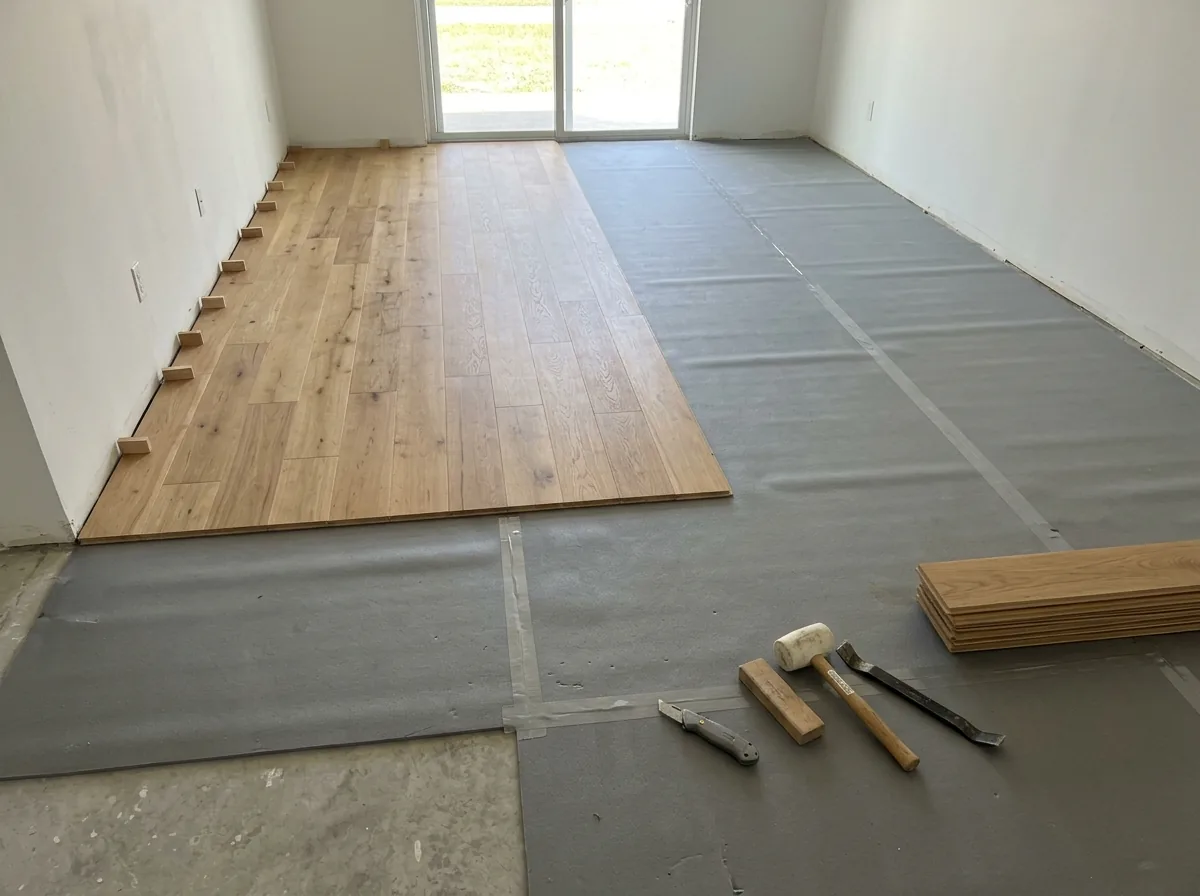 Engineered oak planks laid over gray foam underlayment on a concrete floor near a sliding door