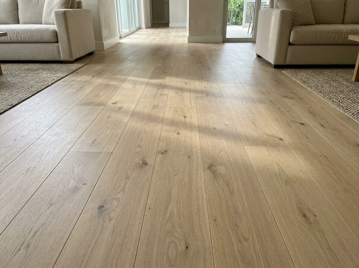 Wide natural oak engineered planks across a bright living room floor