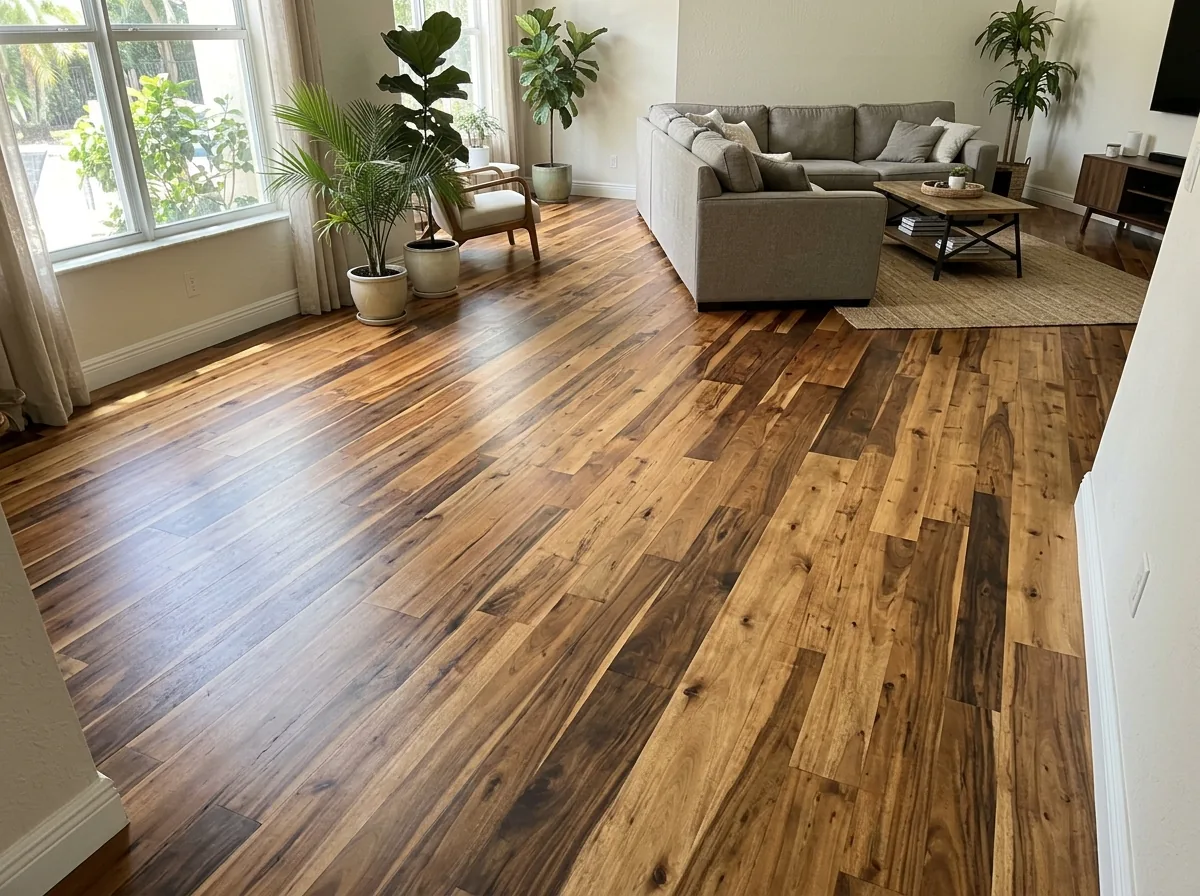 Acacia hardwood floor with strong light and dark color variation in a family room