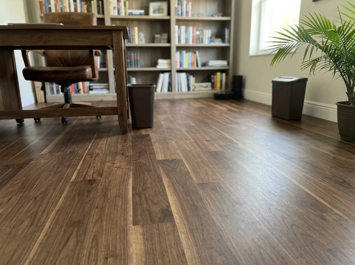 Chocolate brown American black walnut floor in a study with a leather chair