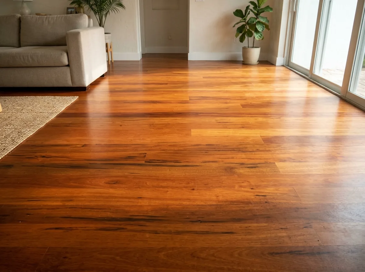 Jatoba floor in deep reddish brown in a living room with afternoon light