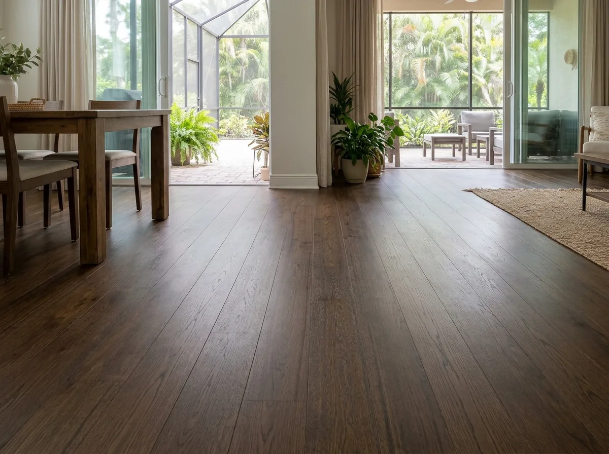 Dark brown ipe flooring with tight grain in a dining room near sliding glass doors