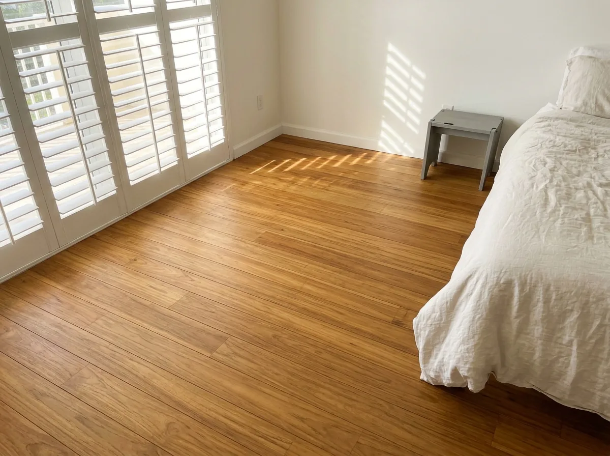 Golden brown teak plank floor in a bright bedroom with white walls