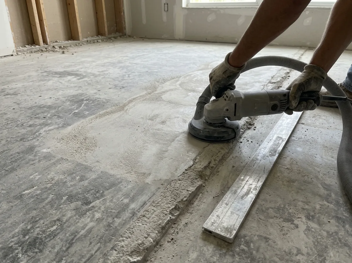 Concrete grinder with a gray dust shroud flattening a raised ridge on a bare slab