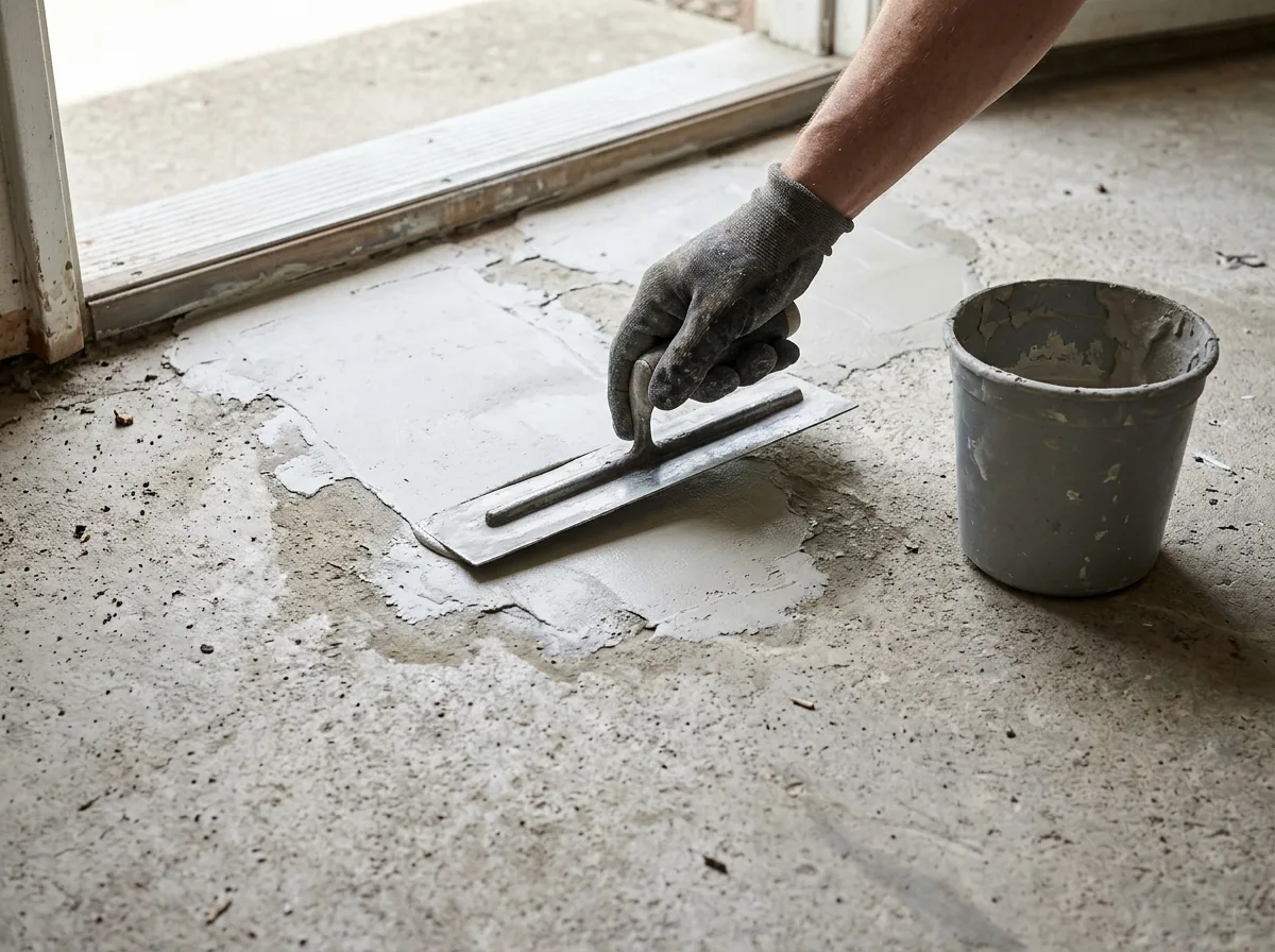 Trowel feathering a thin gray patching compound into a shallow dip in a concrete floor