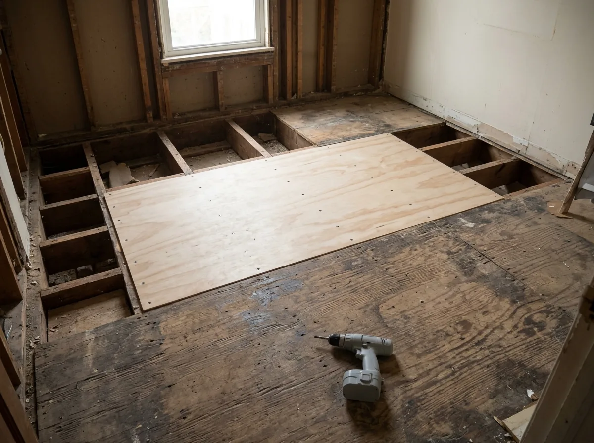 Section of plywood subfloor cut out and replaced between floor joists, fresh screws in a row
