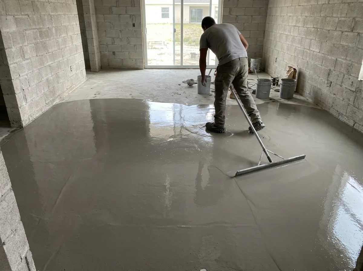Gray self-leveling compound flowing across a primed concrete slab, spread with a gauge rake