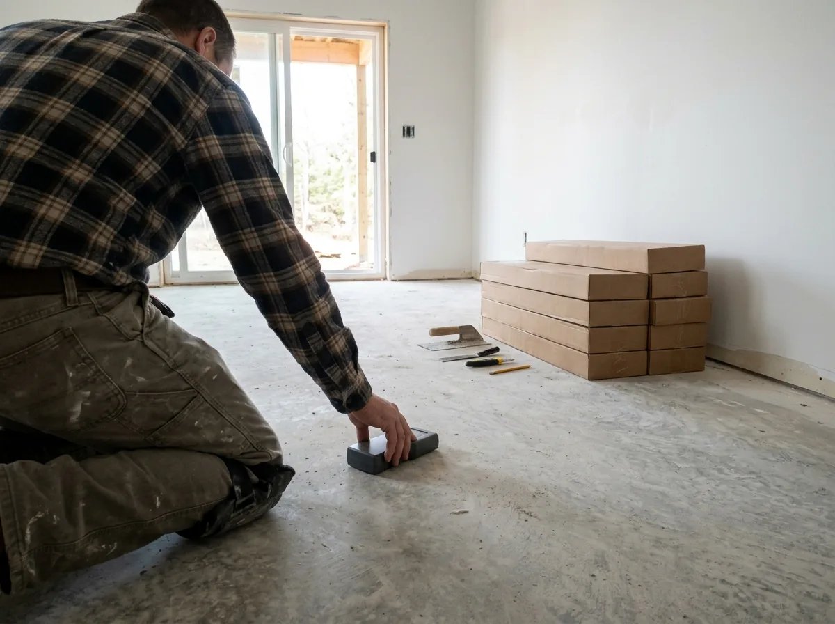 Installer kneeling on a bare concrete slab and checking it with a moisture meter before a wood floor goes down