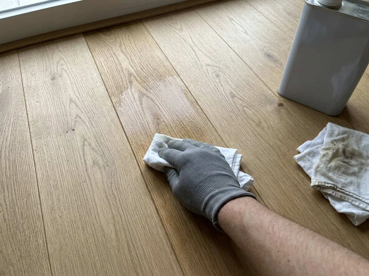 Cloth wiping a thin coat of maintenance oil into a matte oiled oak floor, section by section