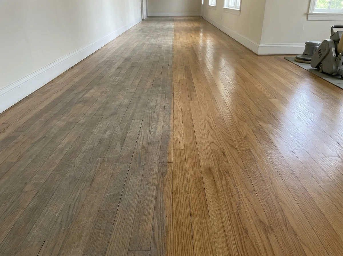 Oak hallway floor with a dull worn traffic lane on one side and a fresh glossy coat on the other