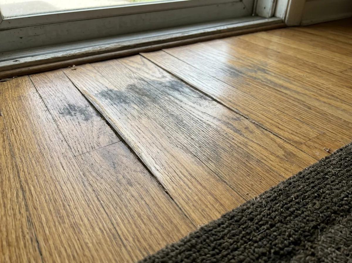 Close view of an oak floor with dark water marks and cupped board edges near an exterior door