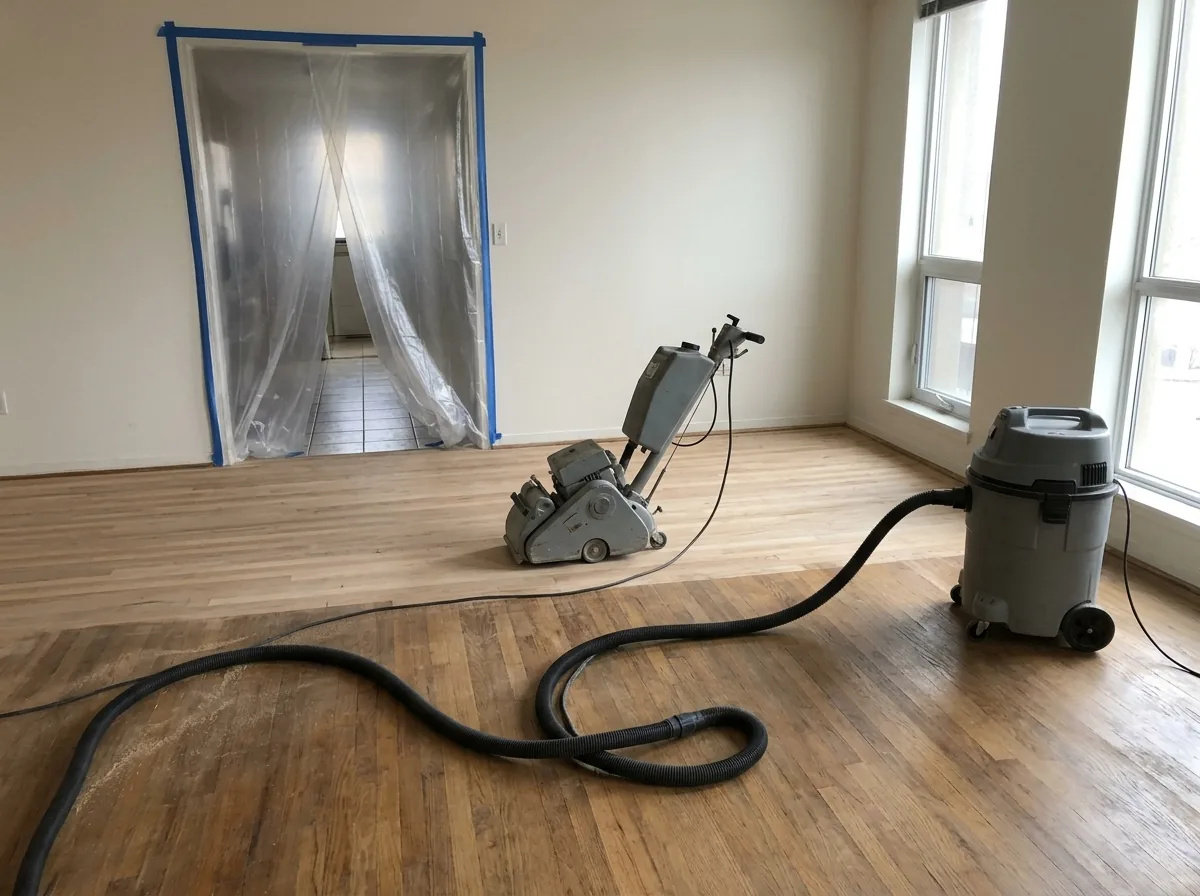 Floor sander hosed to a mobile vacuum unit in an empty room with a doorway sealed in plastic