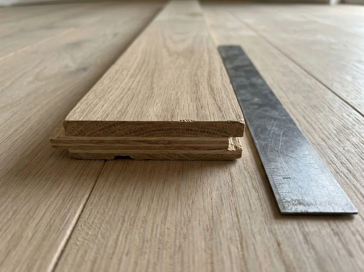 Cut edge of an engineered oak plank showing the solid wood top layer over a layered core