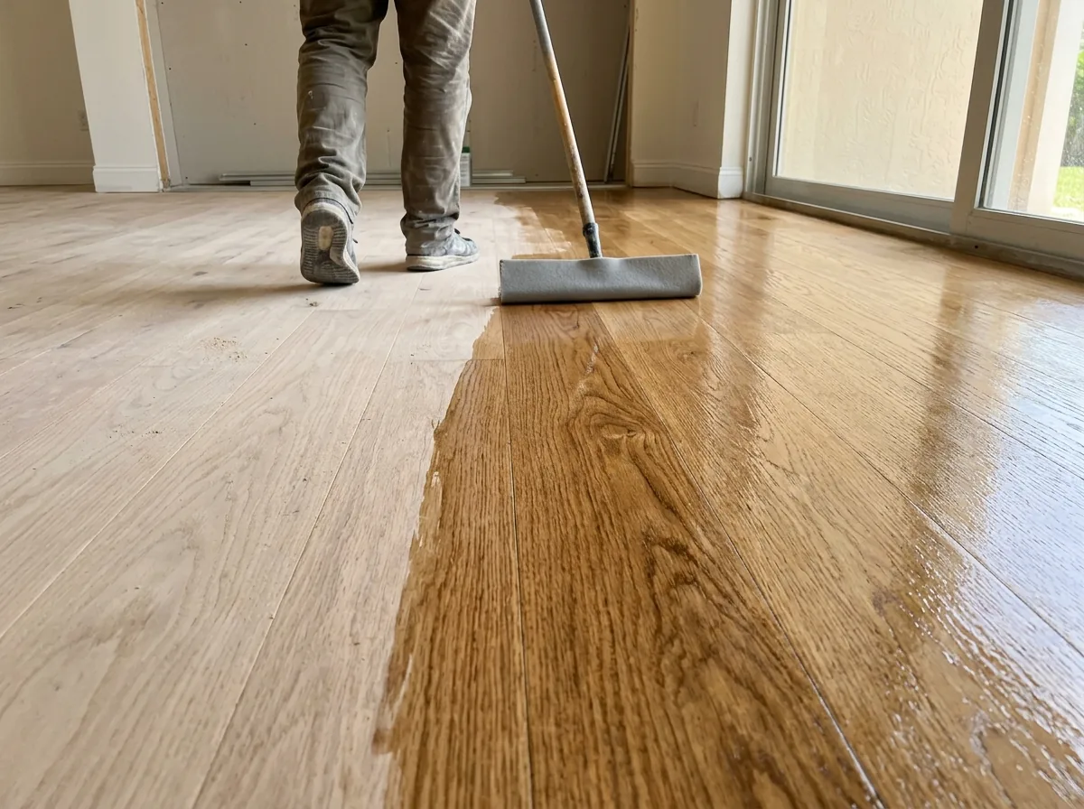 Applicator pad spreading clear satin finish across freshly sanded light oak boards