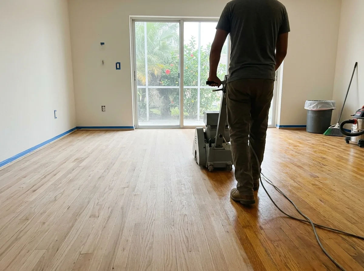 Floor sander crossing an oak floor, one half stripped to bare wood and the other still in its old finish