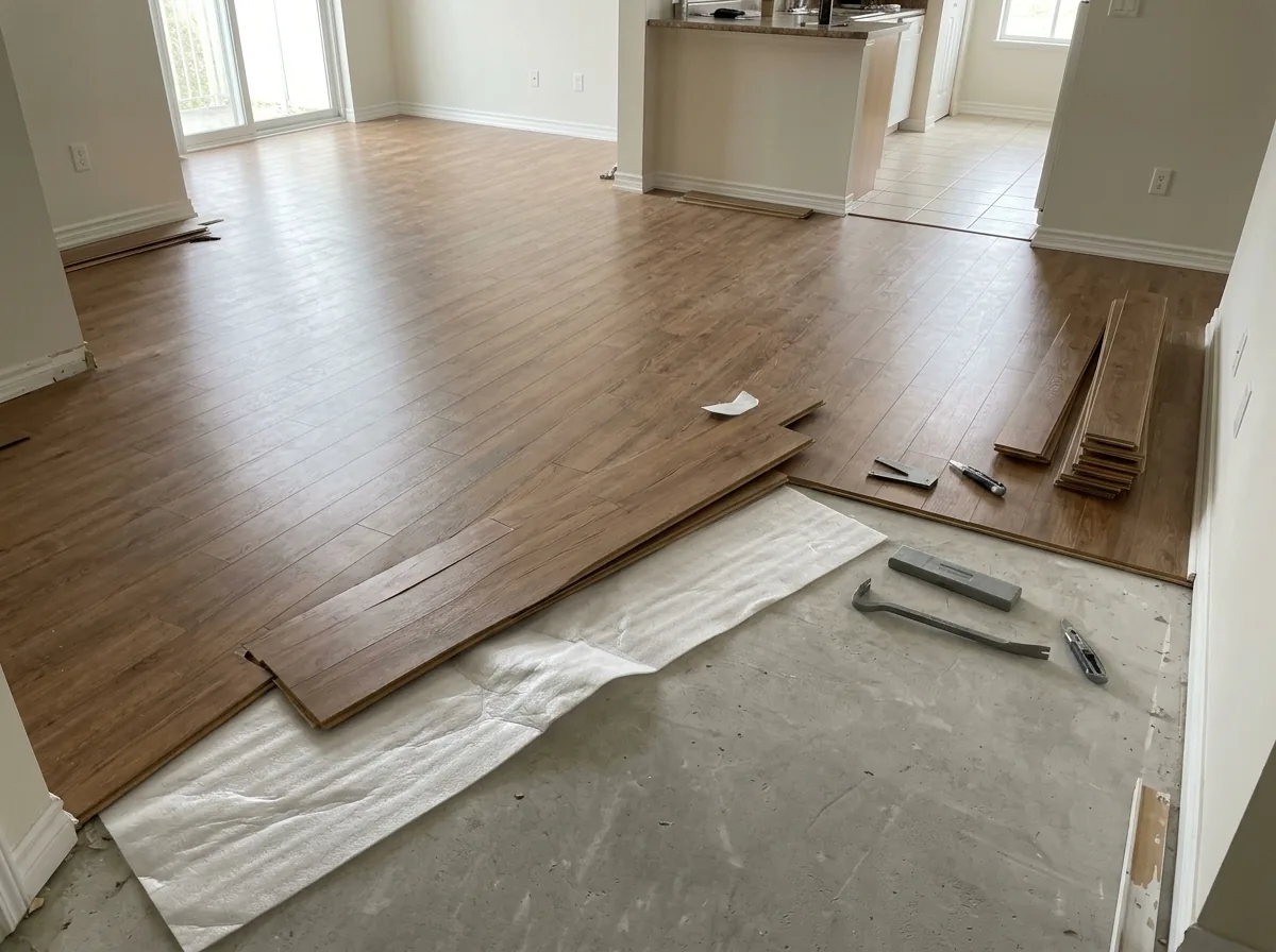 Click-together engineered planks being lifted in sections off a thin foam underlayment