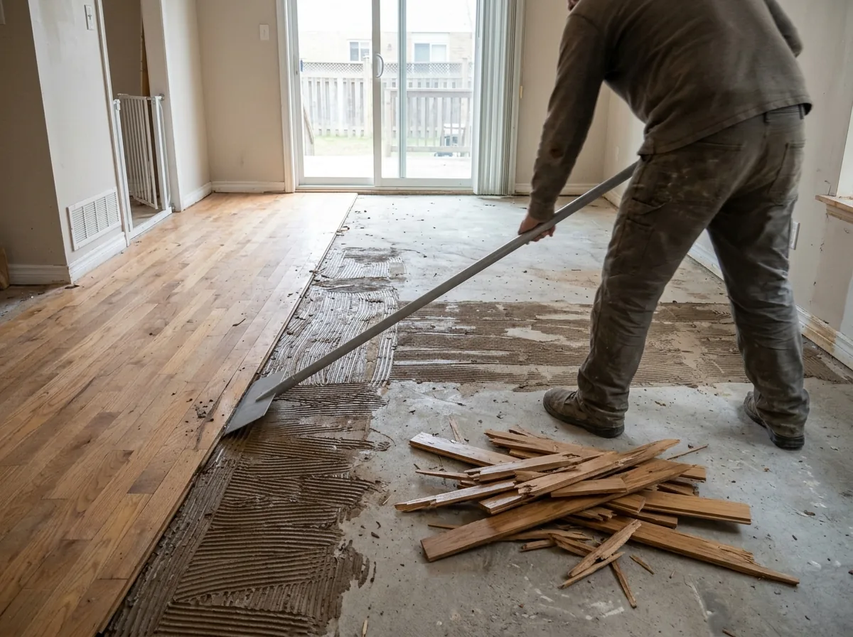 Scraper blade lifting glued oak planks from a concrete slab, leaving trowel lines of old adhesive