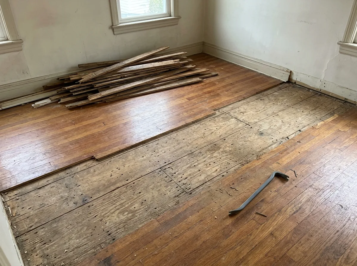 Old oak strip flooring being pried up row by row to reveal plywood subfloor beneath