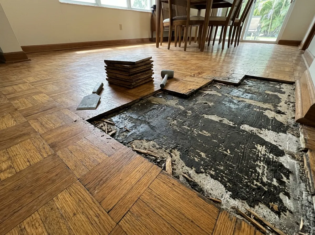 Square oak parquet blocks being chiseled off a slab coated in dark old adhesive