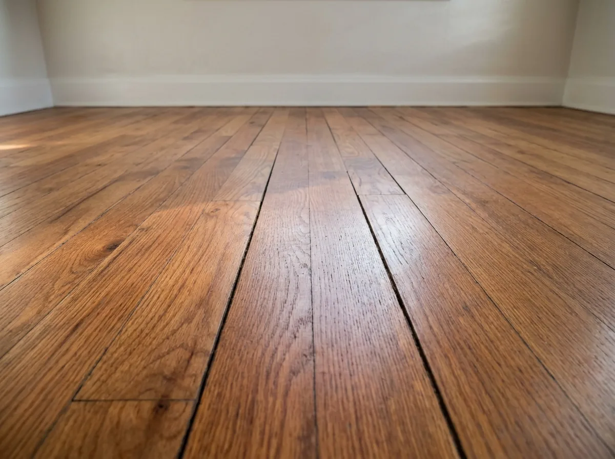 Narrow gaps between strips of a red oak floor in low raking light