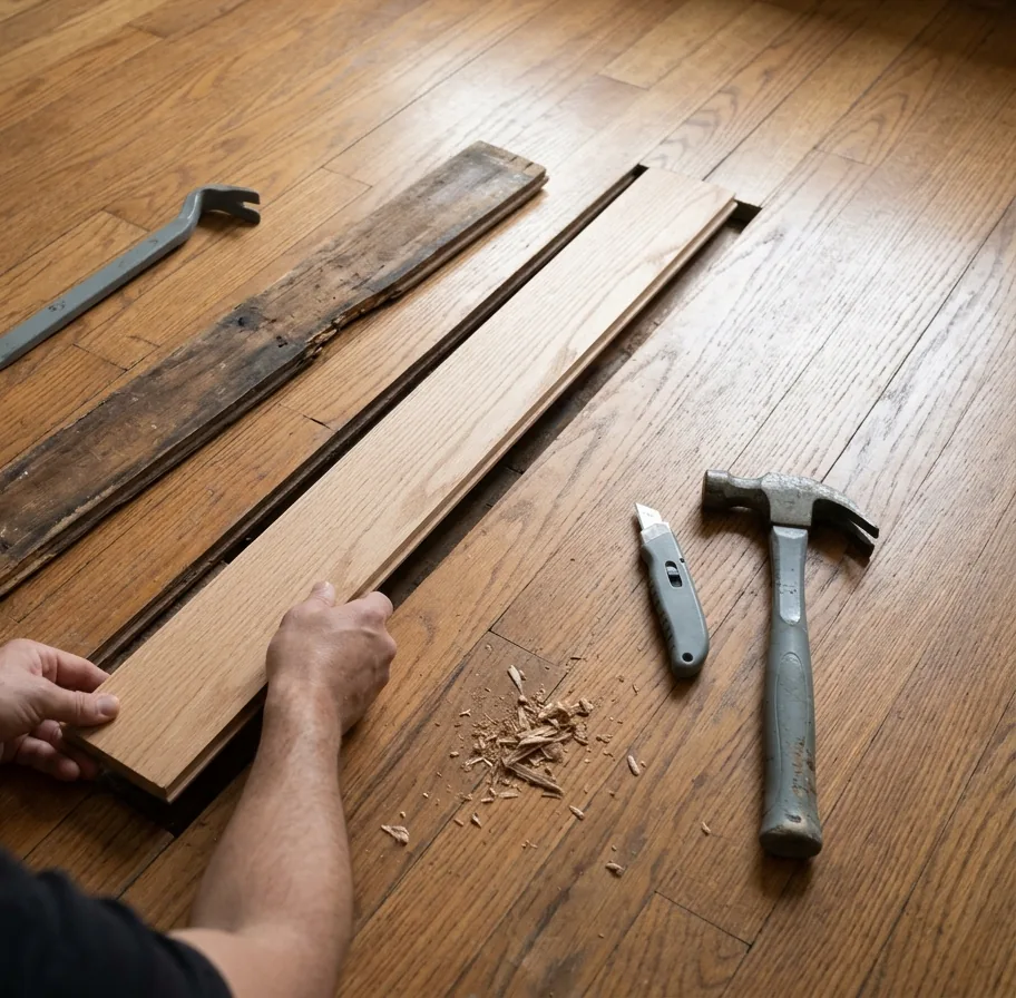 Hands fitting a new oak board into a gap cut in an existing oak floor