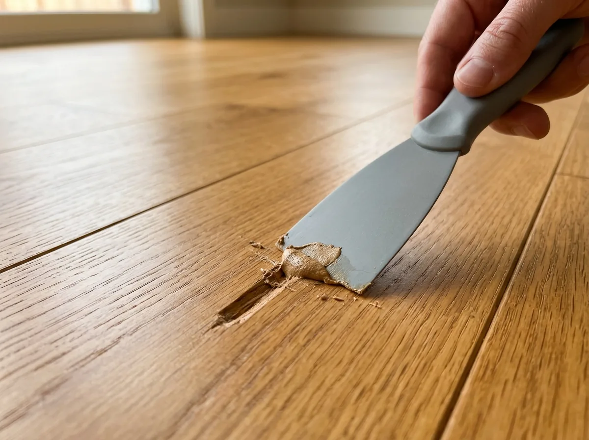 Putty knife pressing color-matched filler into a gouge in an oak floor