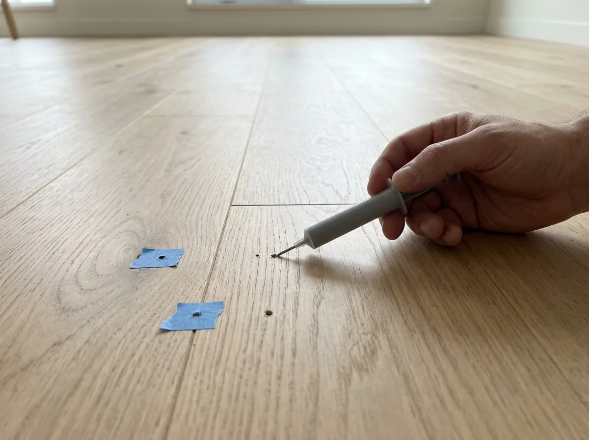Hand holding an injection syringe at a small drilled hole in an engineered wood floor