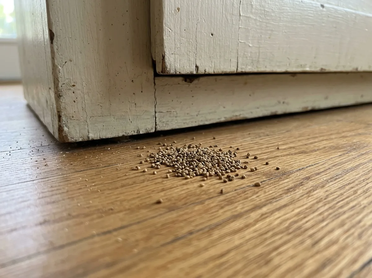 Small pile of tiny pellets on an oak floor beneath a wooden cabinet