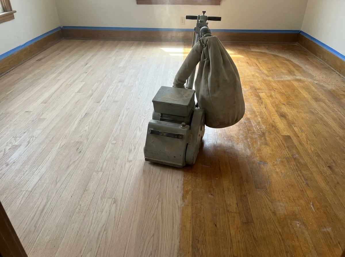 Oak floor half sanded to bare wood beside the old worn finish, with a floor sander
