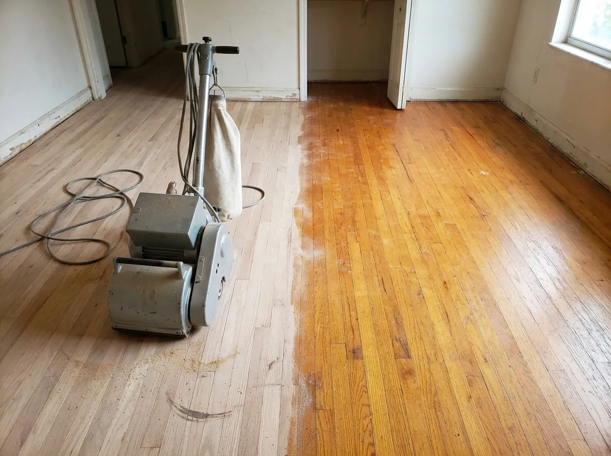 Old orange-toned oak floor half sanded back to pale bare wood, ready for a new stain